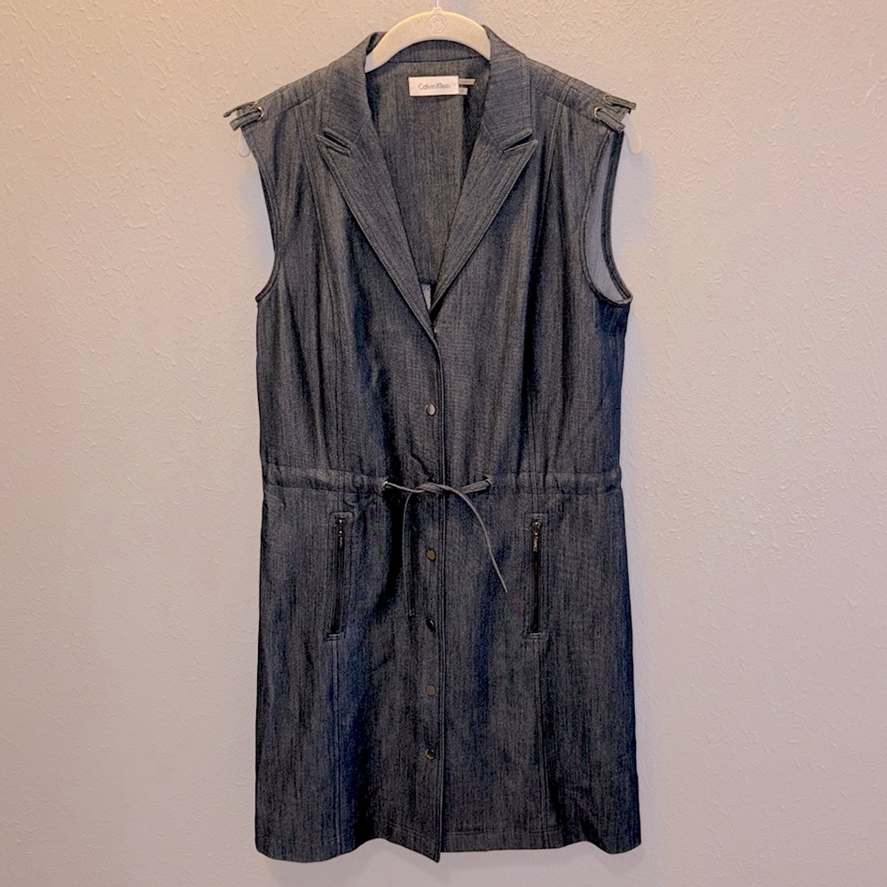 Calvin Klein Dark Denim Dress Snap Front Zip Pockets Women’s Size 8